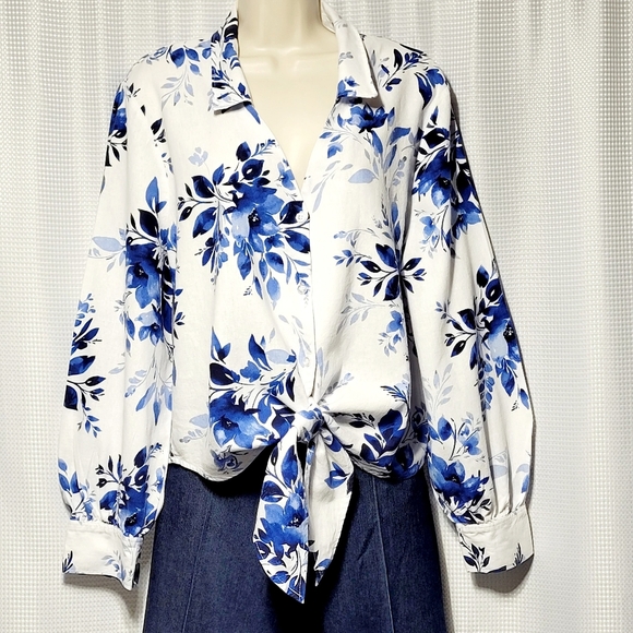Ellen Tracy White Linen with Blue Floral Print Tie Front Blouse Women's (L) - Picture 1 of 12